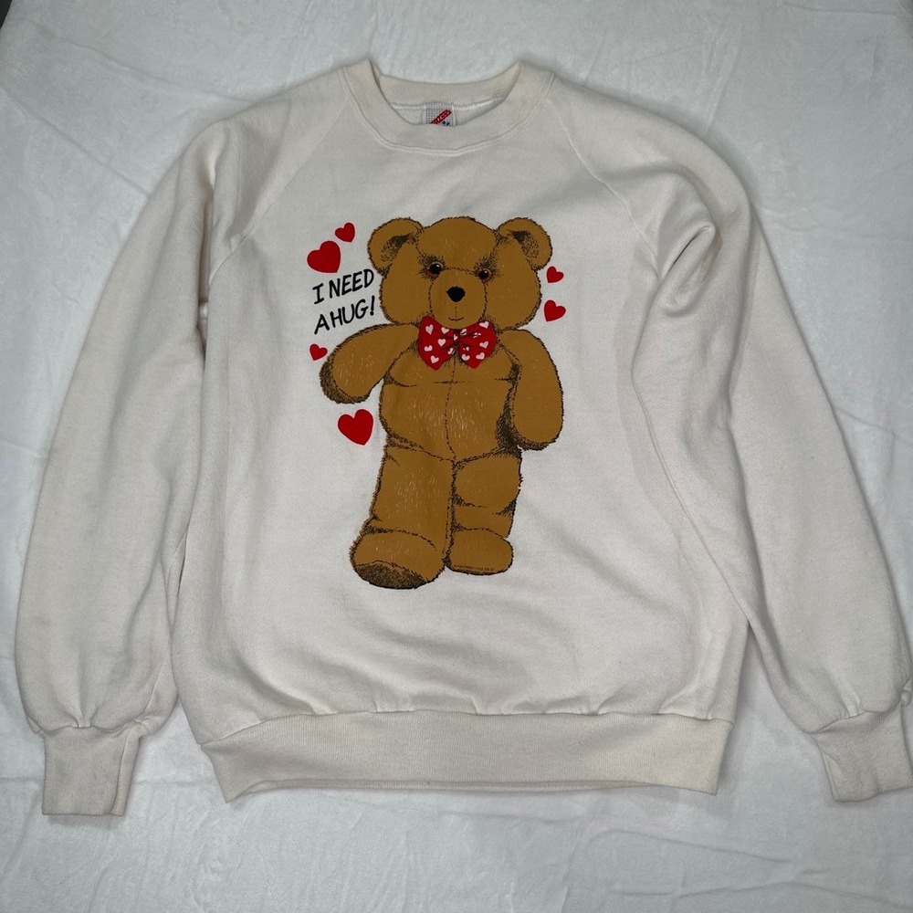 Vintage Grandma 80s I Need A Hug Teddy Bear Sweatshirt Cream Raglan‎ Medium USA